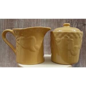 Vintage Signature Housewares Home Grown Stoneware Gold Sugar & Creamer 3 Pc Set